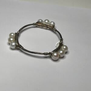 BOURBON & BOWETIES gold tone bracelet bangle PEARL signed jewelry wire wrapped
